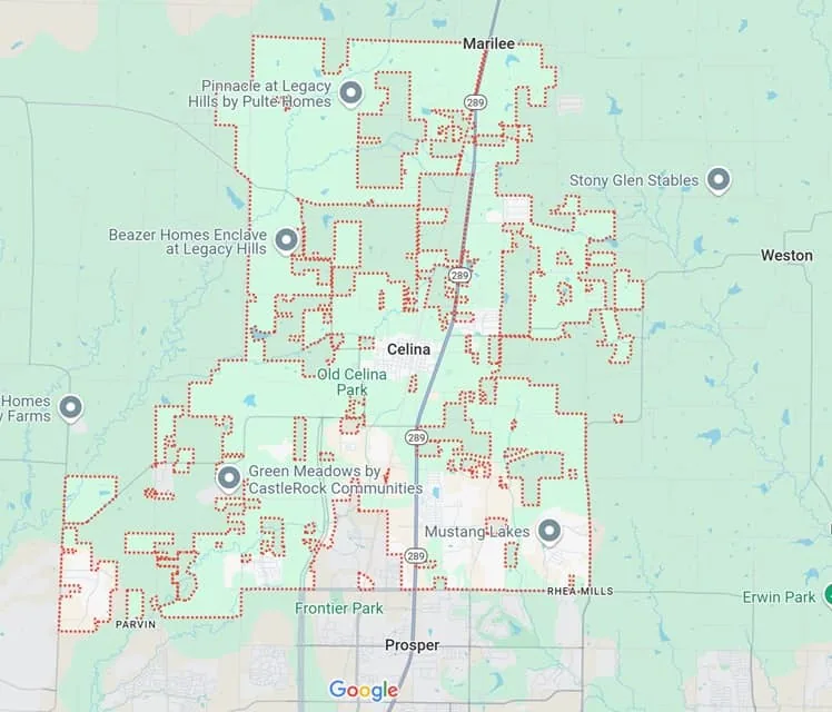 2Surge Marketing service area map showing Celina, TX