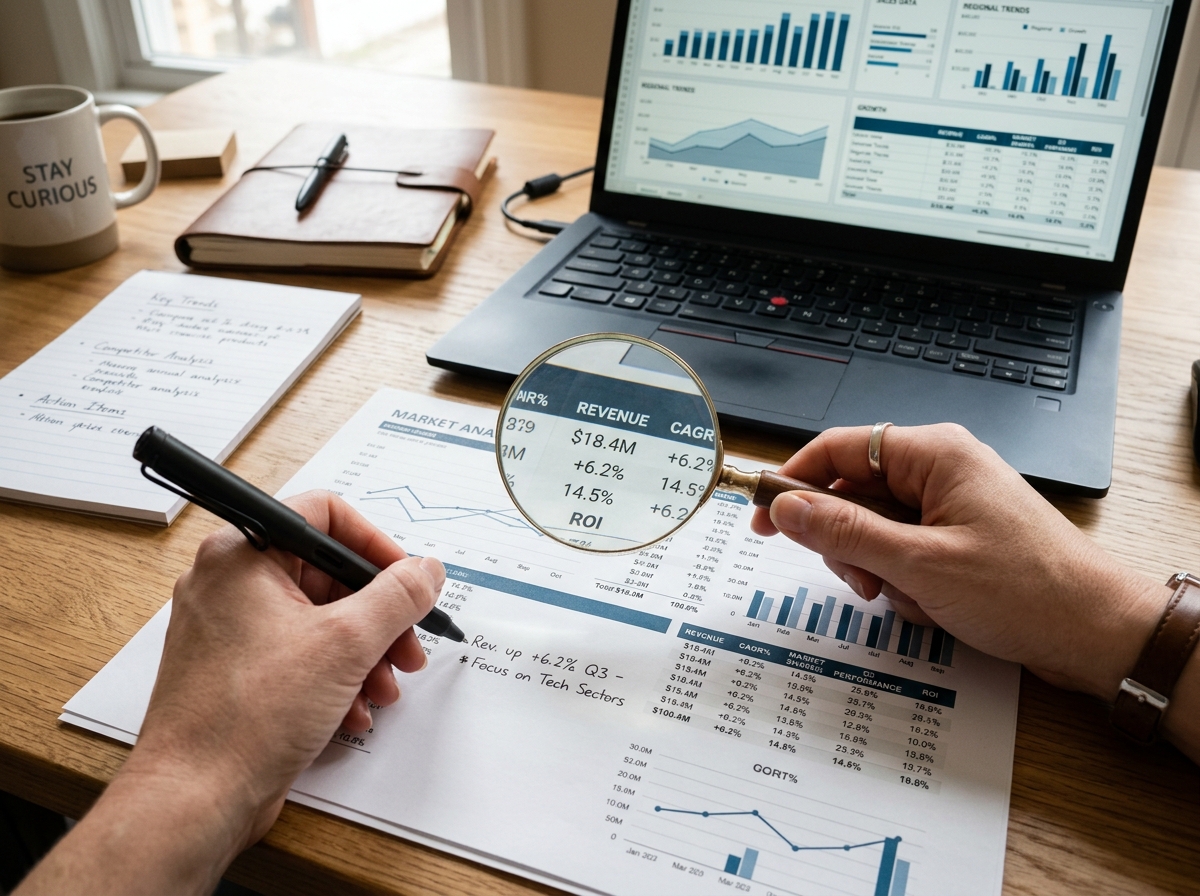 A magnifying glass hovering over detailed data points on a financial or marketing report, with hands holding a pen and taking notes. A magnifying glass hovering over detailed data points on a financial or marketing report, with hands holding a pen and taking notes.