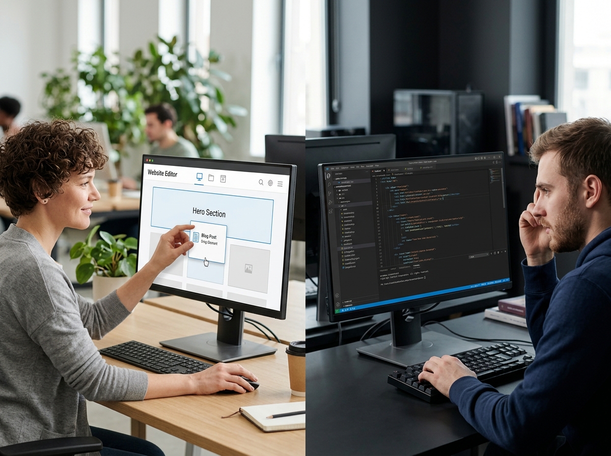 Side-by-side comparison of a drag-and-drop CMS interface versus a developer writing code in an IDE Side-by-side comparison of a drag-and-drop CMS interface versus a developer writing code in an IDE