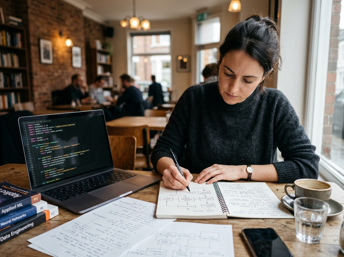 A focused AI consultant sketching a workflow diagram on a notepad, surrounded by scattered technical notes and a laptop displaying code A focused AI consultant sketching a workflow diagram on a notepad, surrounded by scattered technical notes and a laptop displaying code