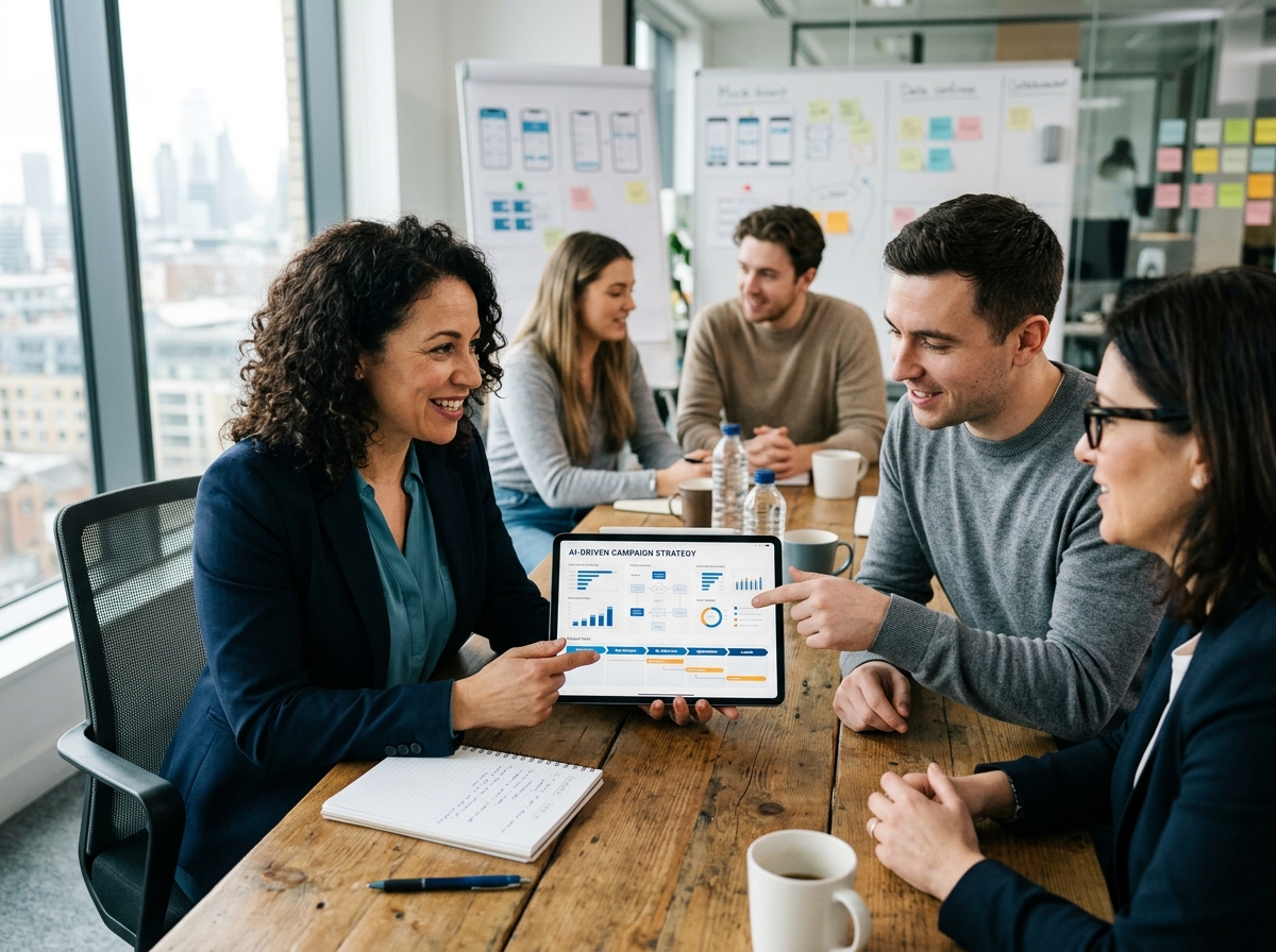 A small business owner in a marketing agency meeting, reviewing a complex AI project plan on a tablet with a dedicated agency team A small business owner in a marketing agency meeting, reviewing a complex AI project plan on a tablet with a dedicated agency team